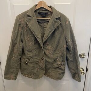 Script‎ Floral Embroidered Army Green Blazer Jacket Metal Buttons Womens 14